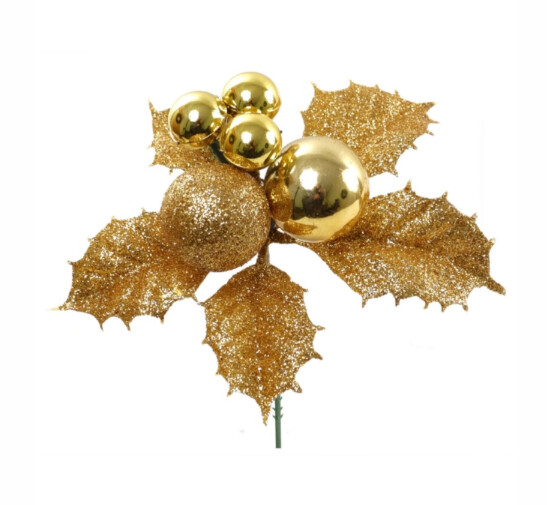 7&quot; Glitter Holly/Ball Pick Gold