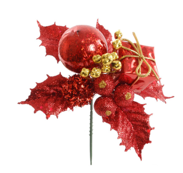 7&quot; Glitter Holly/Ball/Gift Box Pick Red
