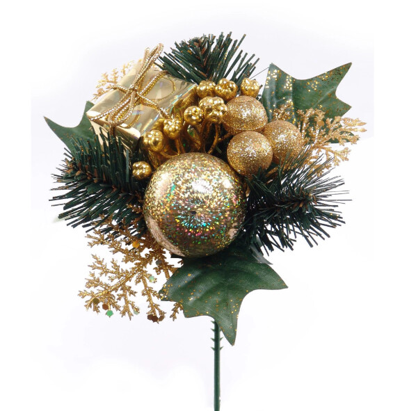 7&quot; Glitter Holly/Pine/Ball/Gift Box Pick  Gold