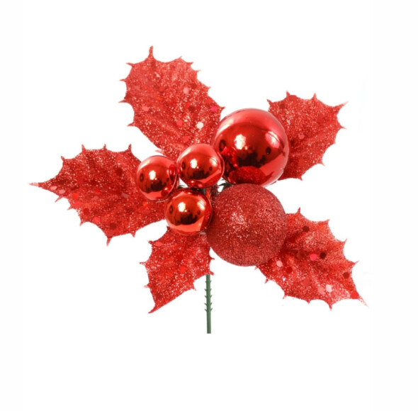 7&quot; Glitter Holly/Ball Pick Red