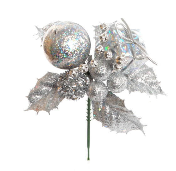 7&quot; Glitter Holly/Ball/Gift Box Pick Silver