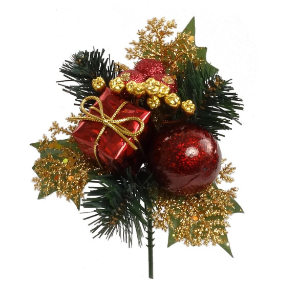 7&quot; Glitter Holly/Pine/Ball/Gift Box Pick Burgundy