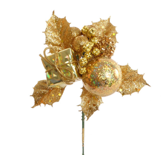 7" Glitter Holly/Ball/Gift Box Pick Gold