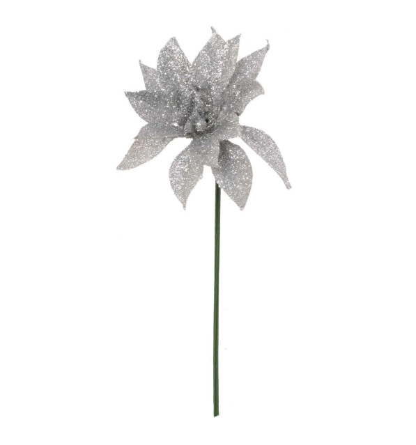 7.5&quot; Mini Glitter Poinsettia Pick w/3.5&quot; Head Silver