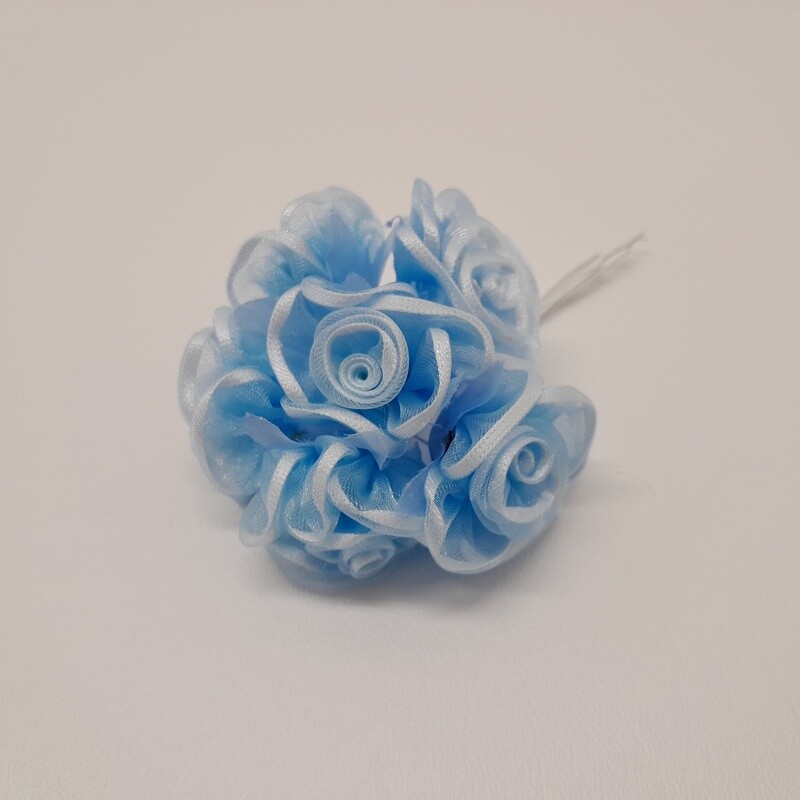 4&quot; Satin/Organza Flower Pick x6 w/1.5&quot; Head Blue