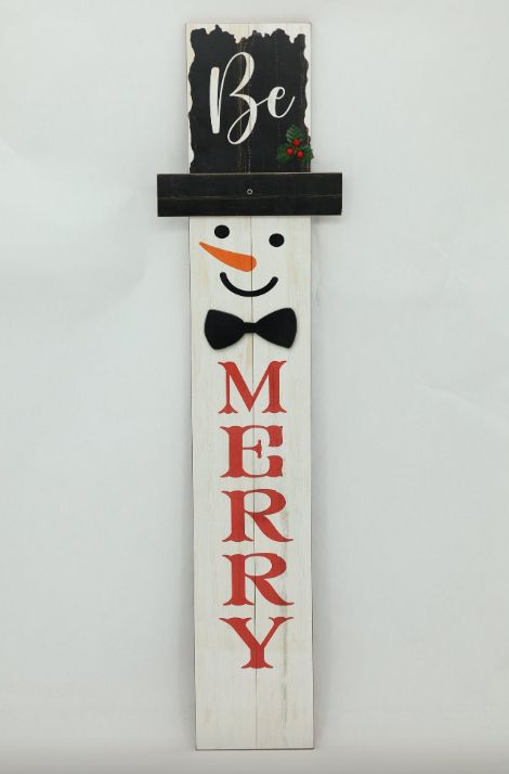 7.9&quot;x47.2&quot; Wood &quot;Be Merry&quot; Snowman Plaque