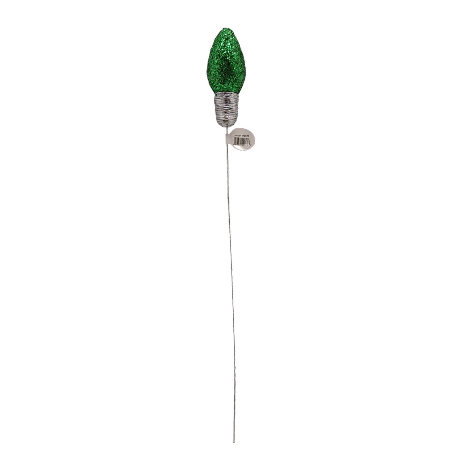 18" Glitter Light Bulb Pick 4.5" Bulb Dark Green