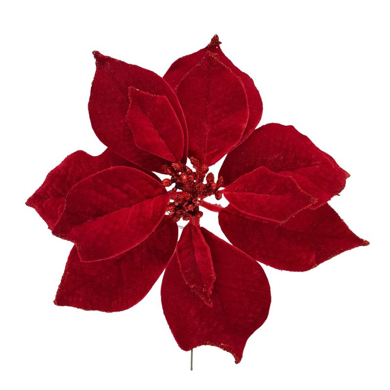 8&quot; Velvet Glitter Poinsettia Pick Red (10&quot; Diameter)