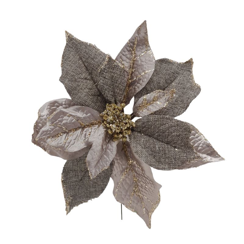 8&quot; Burlap Glitter Poinsettia Pick Grey (10&quot; Diameter)