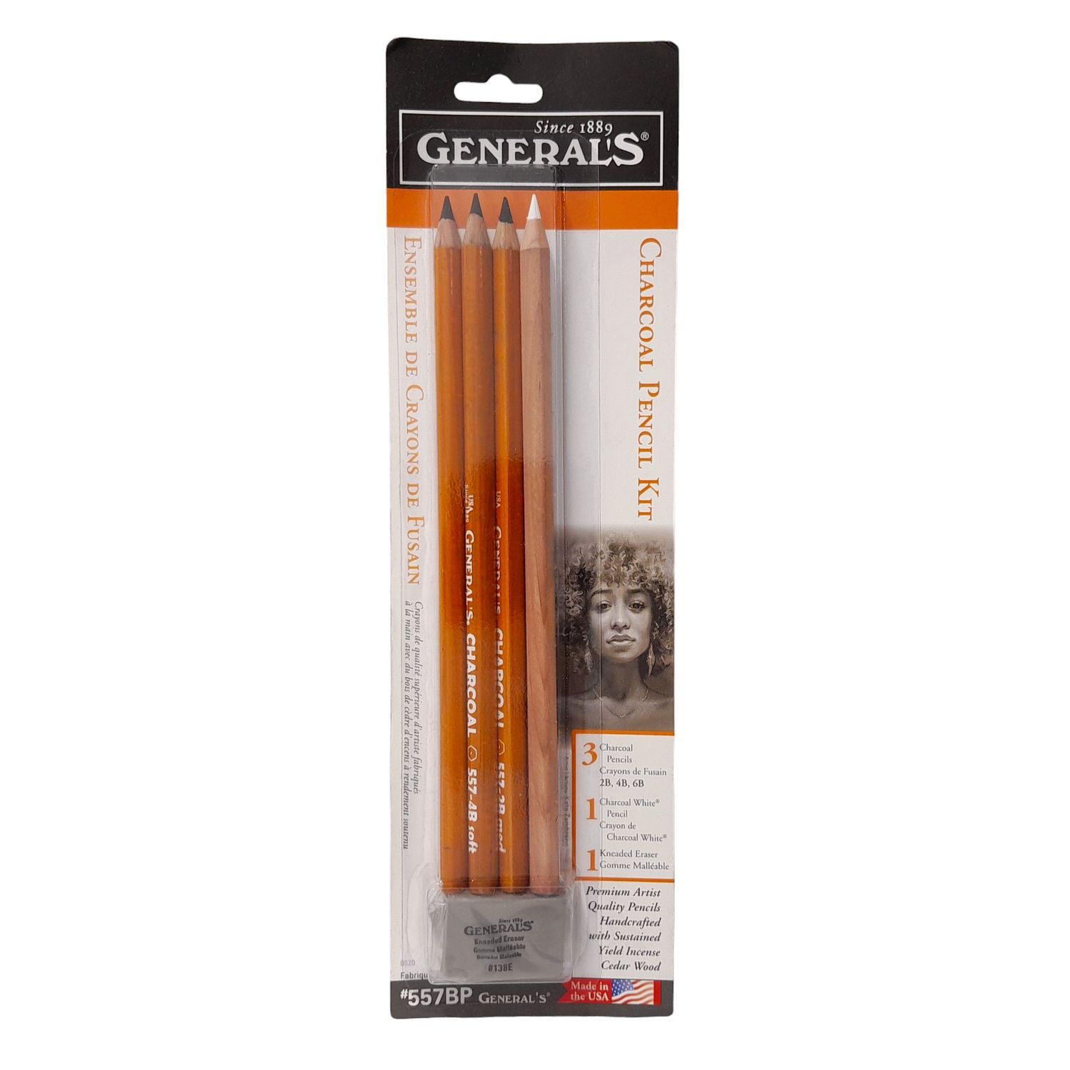 5pc General&#39;s Charcoal Pencil Kit (Includes 1 White , 2B, 4B, &amp; 6B Charcoal Pencil, &amp; 1 Kneaded Eraser)