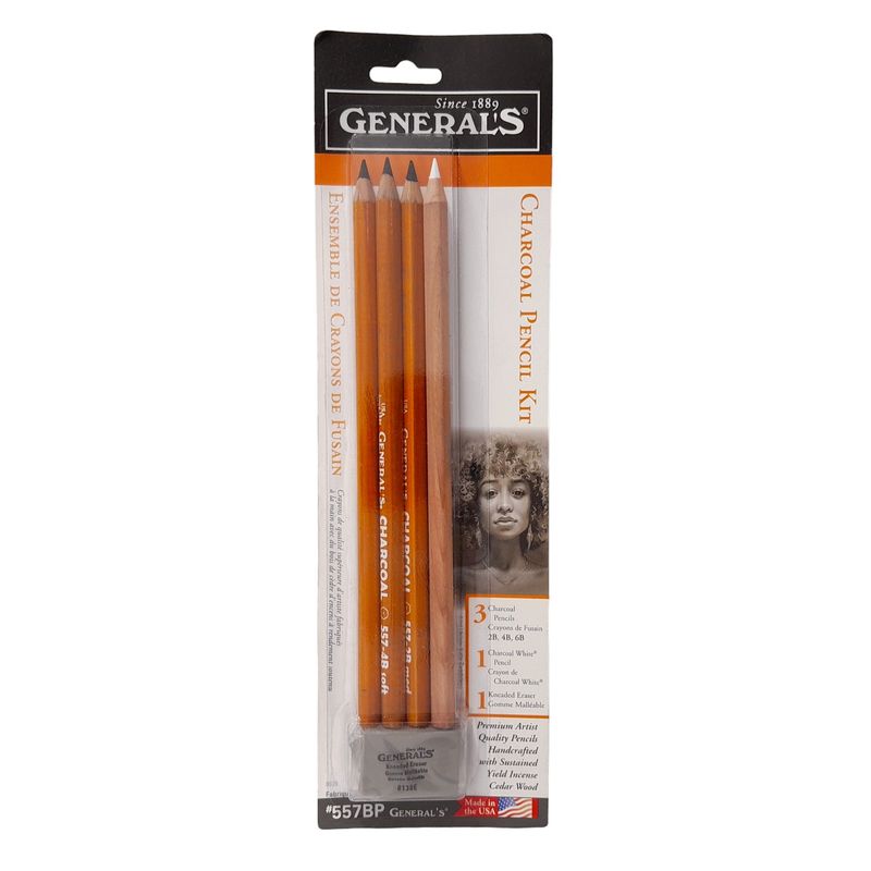 5pc General&#39;s Charcoal Pencil Kit (Includes 1 White , 2B, 4B, &amp; 6B Charcoal Pencil, &amp; 1 Kneaded Eraser)
