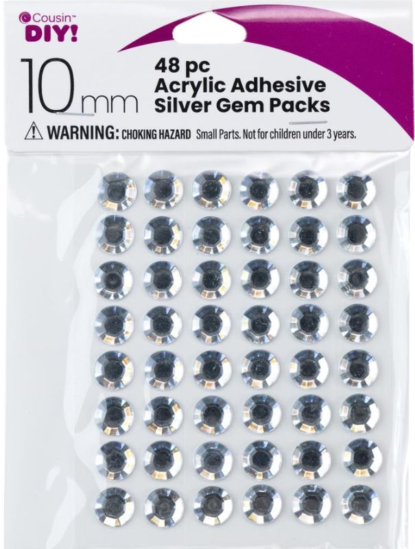 48pc 10mm Acrylic Adhesive Gems Silver
