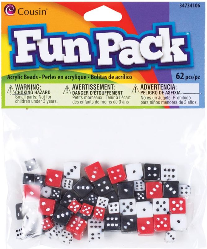 62pc 8mm - 10mm Acrylic Dice Beads Black/Red/White