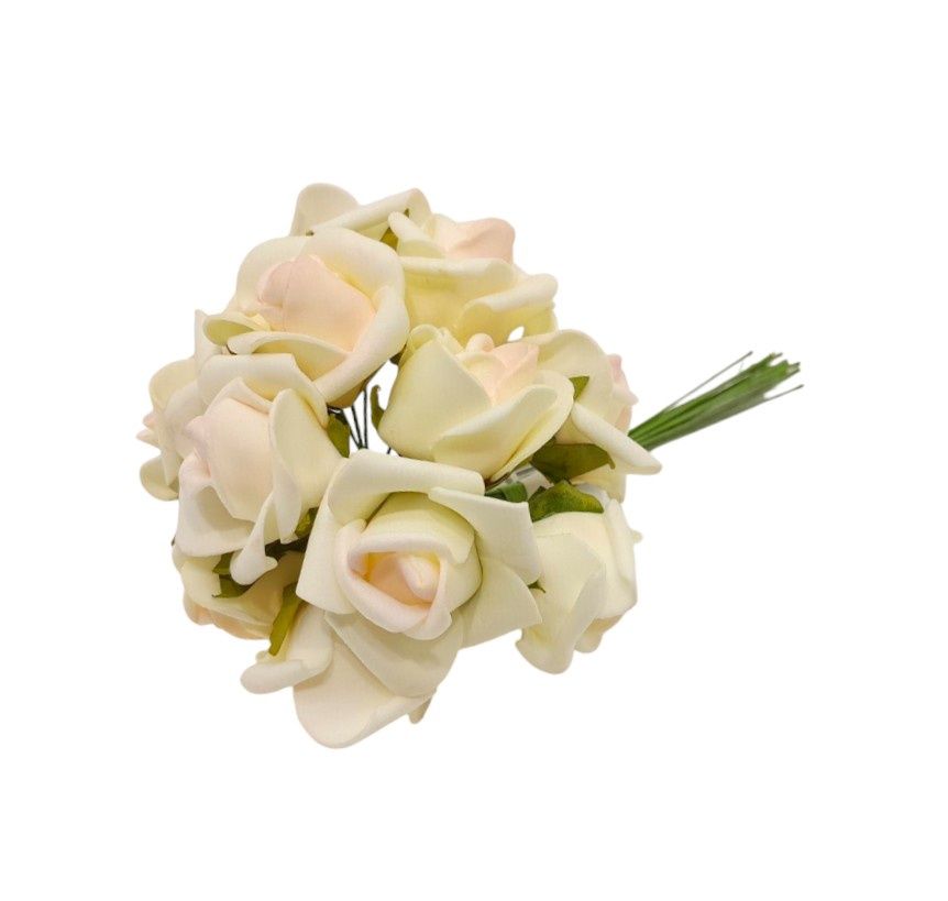 6&quot; Mini Foam Rose Bundle x12 w/1.25&quot; Head Cream/Pink