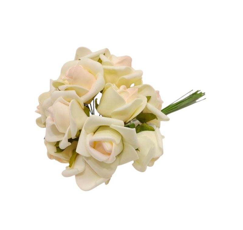 6&quot; Mini Foam Rose Bundle x12 w/1.25&quot; Head Cream/Pink