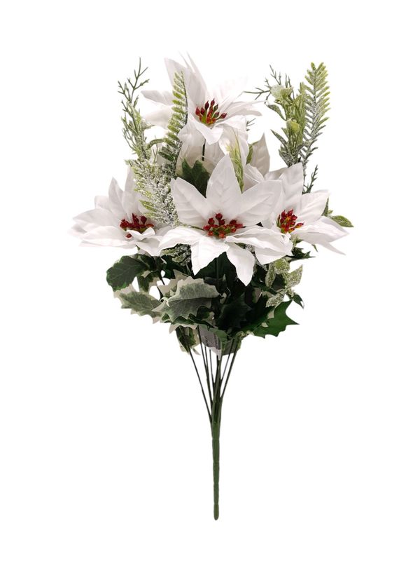 17&quot; Poinsettia/Holly Bush w/Snowy Pine x12 White