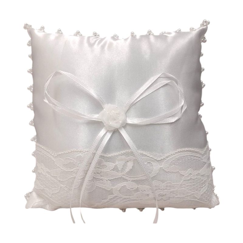 7&quot; Ring Pillow w/Lace/Pearls/Rose White