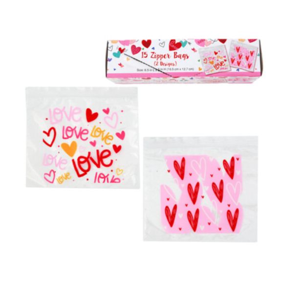15pc 6.5&quot;x5&quot; Valentine Zipper Bags Assorted