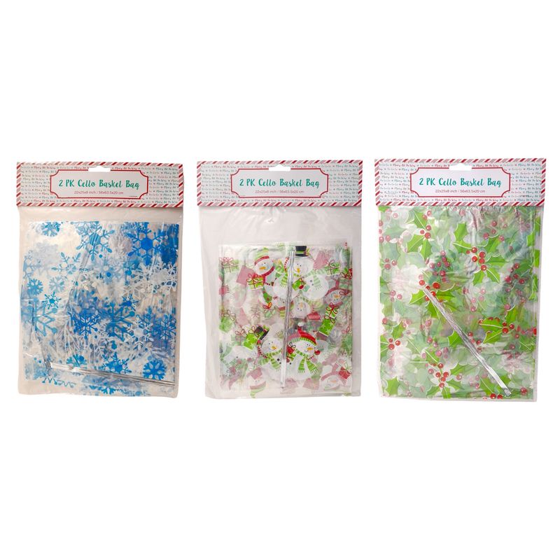 2pc 22&quot;x25&quot;x8&quot; Christmas Cellophane Basket Bag Assorted