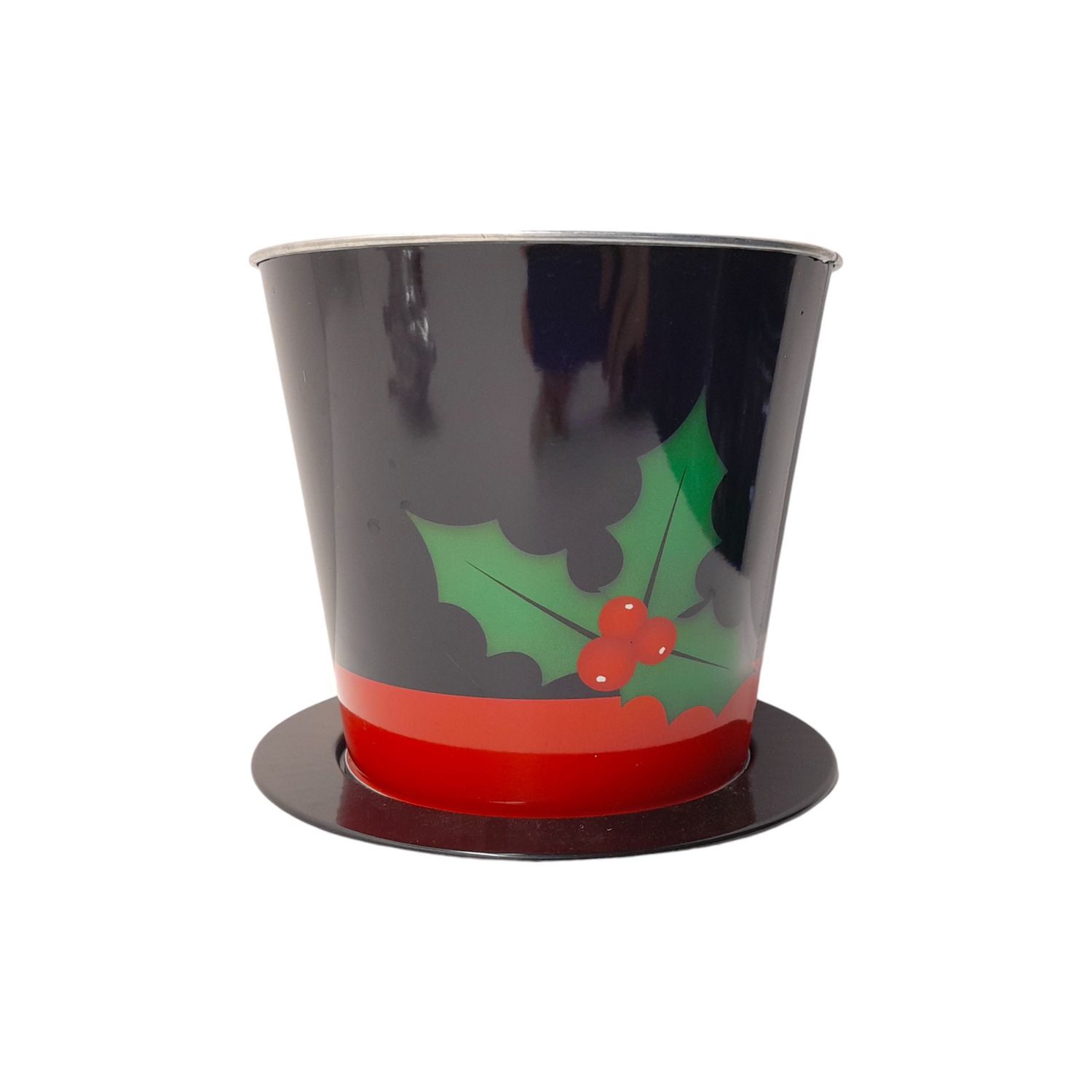 5.5&quot;x5.5&quot;x4.5&quot; Black Snowman Hat Tin Pot w/Holly Berry Design &amp; Plastic Insert