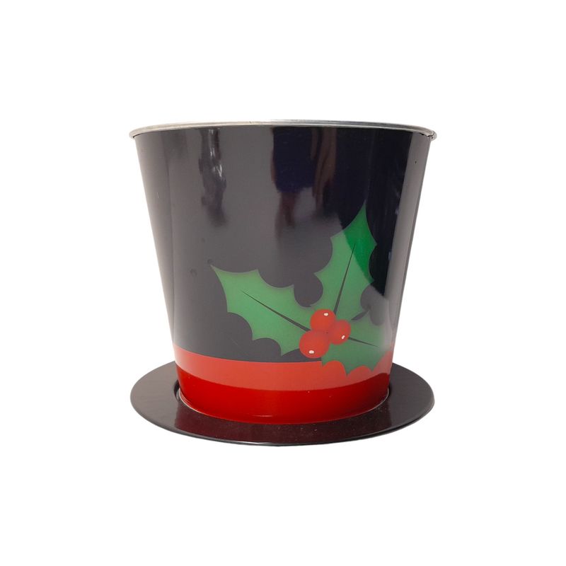 5.5&quot;x5.5&quot;x4.5&quot; Black Snowman Hat Tin Pot w/Holly Berry Design &amp; Plastic Insert