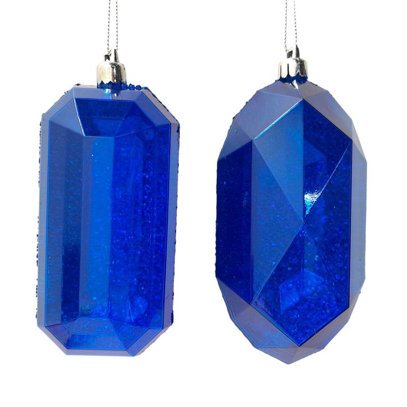 5.25&quot; Plastic Laser Glitter Gem Ornament Royal Blue w/Silver Cap Assorted