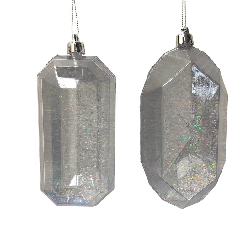 5.25&quot; Plastic Laser Glitter Gem Ornament Silver w/Silver Cap Assorted