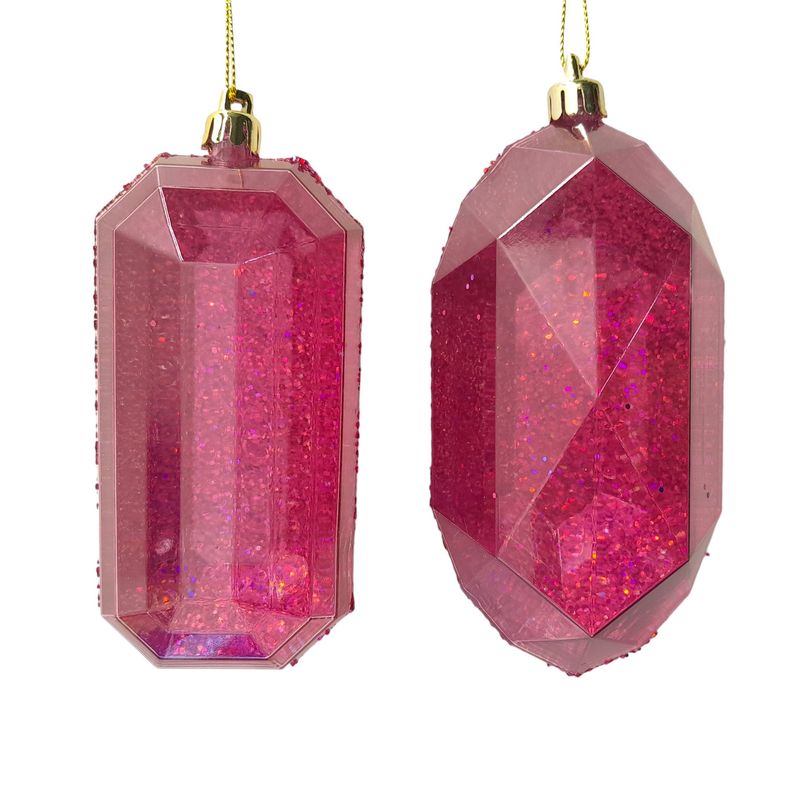 5.25&quot; Plastic Laser Glitter Gem Ornament Fuchsia w/Gold Cap Assorted