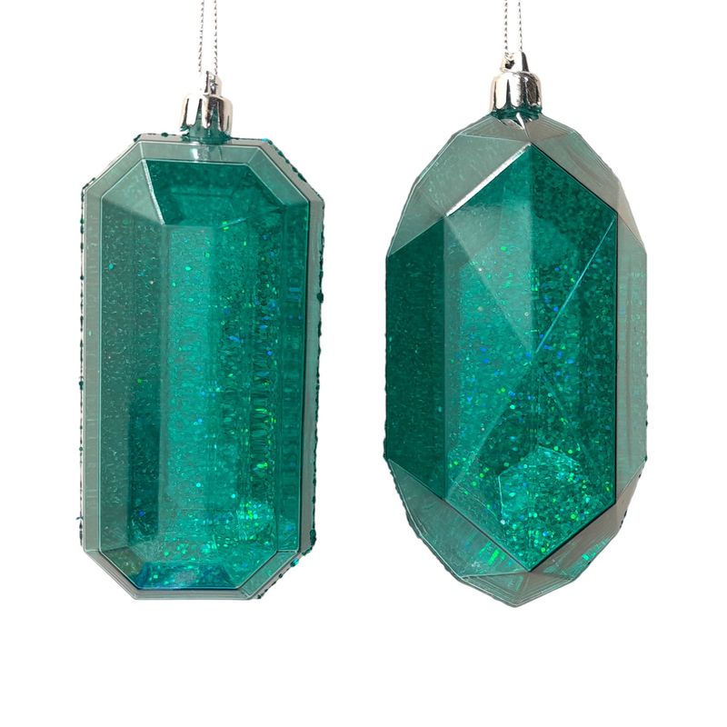 5.25&quot; Plastic Laser Glitter Gem Ornament Turquoise w/Silver Cap Assorted
