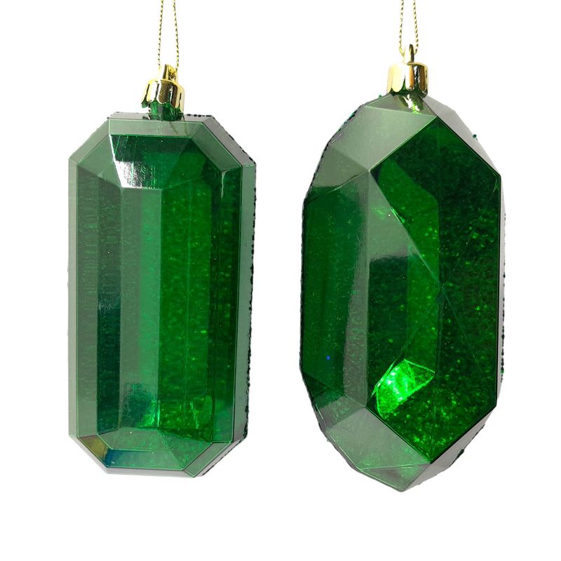 5.25&quot; Plastic Laser Glitter Gem Ornament Emerald Green w/Gold Cap Assorted