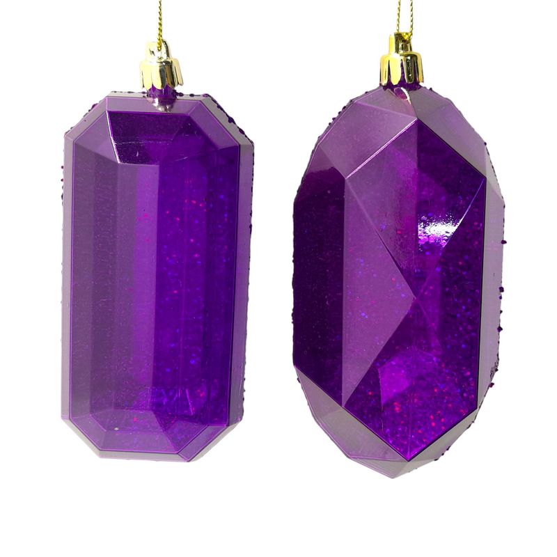 5.25&quot; Plastic Laser Glitter Gem Ornament Purple w/Gold Cap Assorted