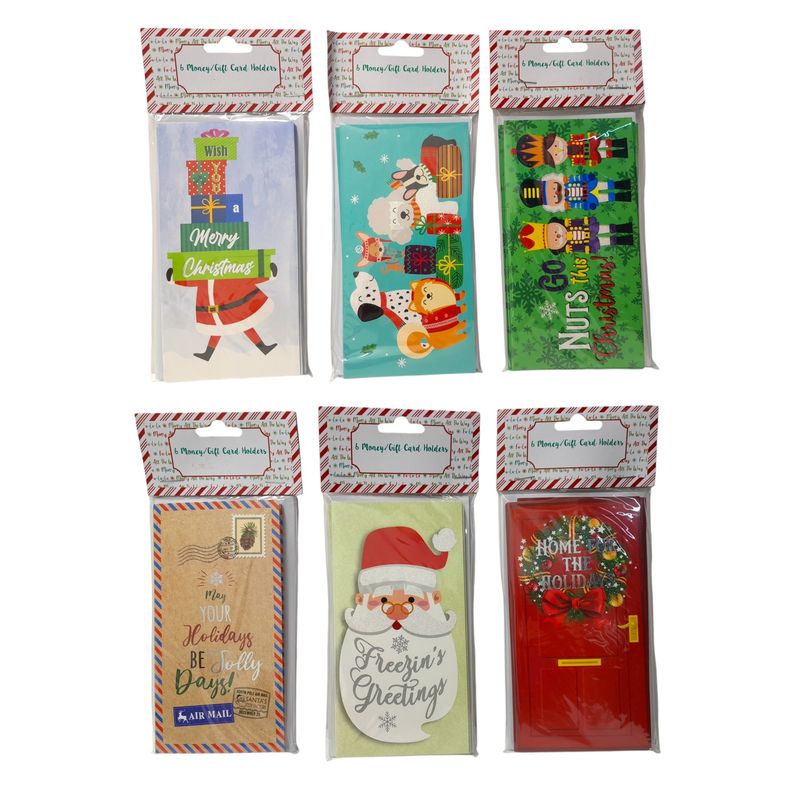 6pc 3.25&quot;x6.25&quot; Christmas Money/Gift Card Holders Assorted