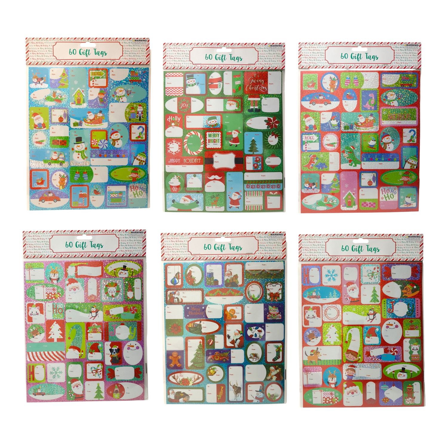 60pc Christmas Holographic Gift Tags Assorted
