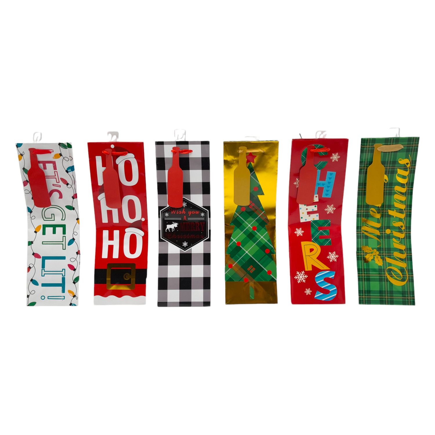 4.5"x4.5"x14" Christmas Bottle Bag w/Tag Assorted