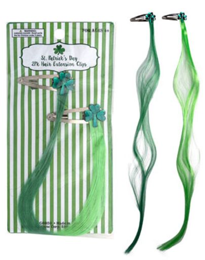 2pc St. Patrick&#39;s Day Clip In Hair Extension Green w/Shamrock Gem Accent