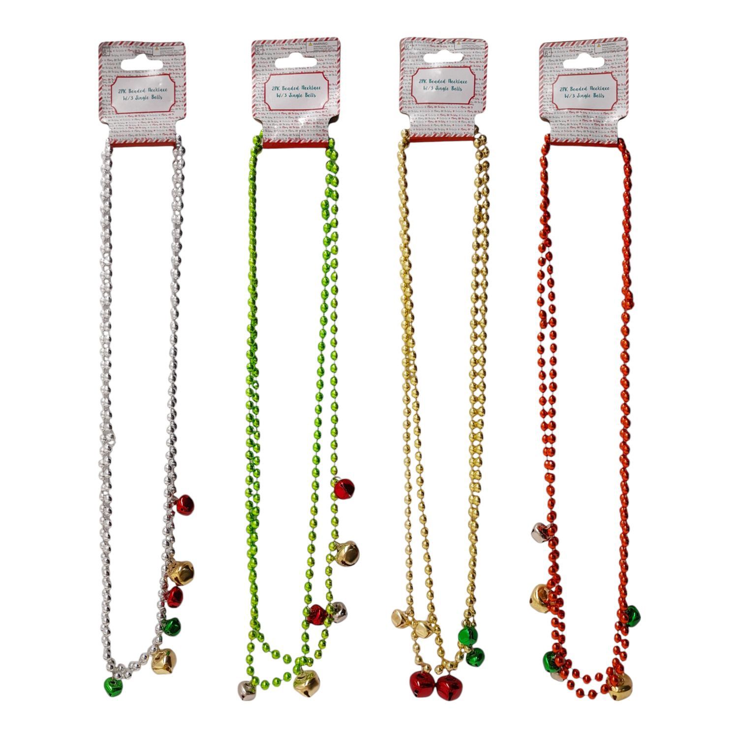 2pc Beaded Christmas Necklace w/Bells Assorted