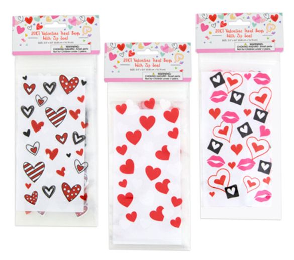 20pc 3.5&quot;x6.6&quot; Valentine Cellophane Zipper Treat Bags Assorted