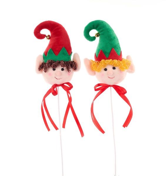 6&quot; Elf Head on 9&quot; Pick w/Bow/Bell Assorted