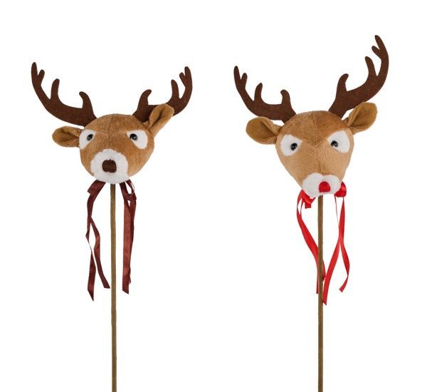 4" Soft Fabric Reindeer Head on 12" Pick Assorted