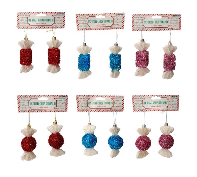 4.72&quot; Tinsel Candy Ornaments 2pc Assorted