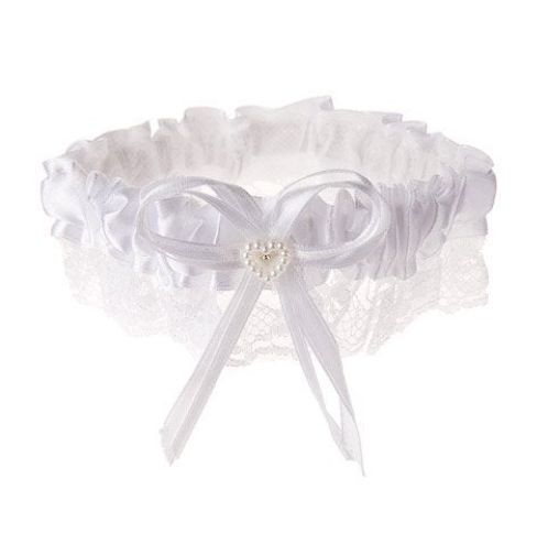 Lace Garter w/Pearl Heart/Bow White