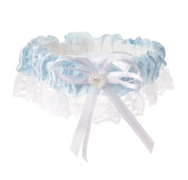 Lace Garter w/Pearl Heart/Bow Light Blue