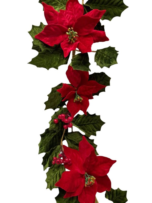4&#39; Velvet Poinsettia/Holly Garland