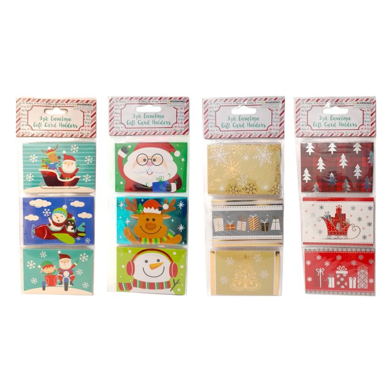 3pc 3.5&quot;x2.25&quot; Christmas Envelope Gift Card Holder w/Metallic Accents Assorted