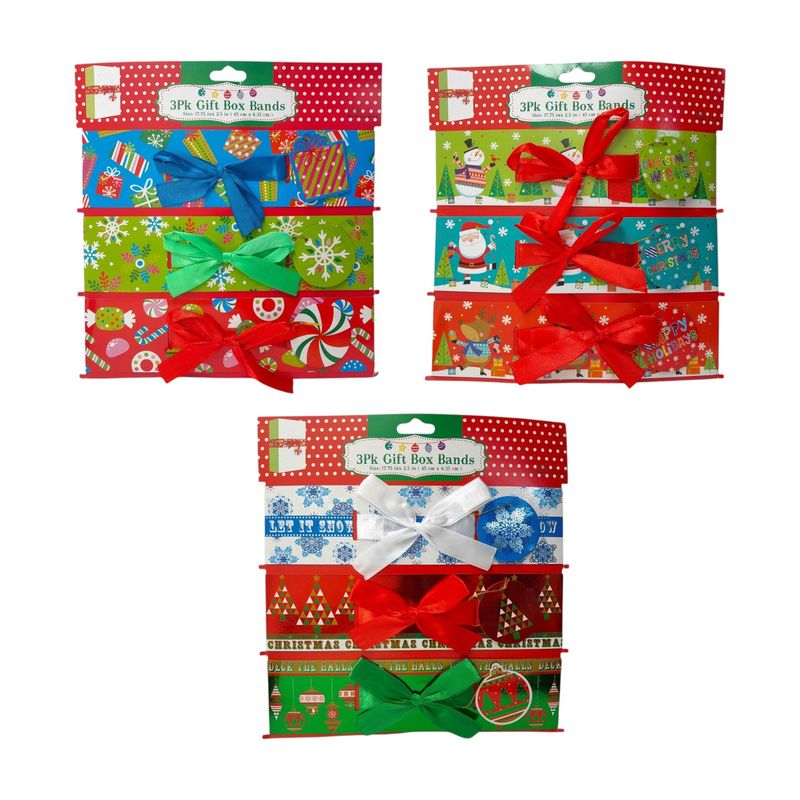 3pc 17.75&quot;x2.5&quot; Christmas Gift Box Bands Assorted
