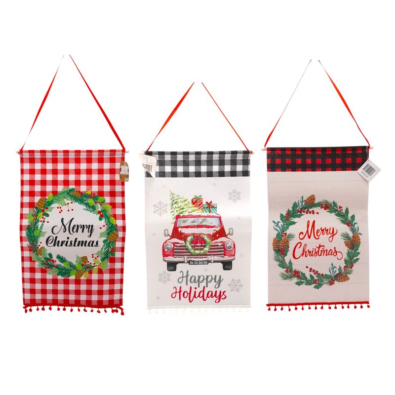 12.5"x18.5" Felt Christmas Banner w/Pom-Pom Trim Assorted (1 Piece)