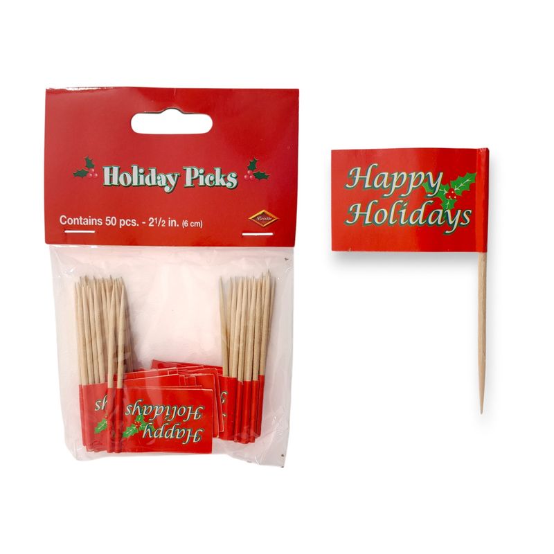 50pc 2.5&quot; Holly &quot;Happy Holiday&quot; Double-Sided Picks Red/Green