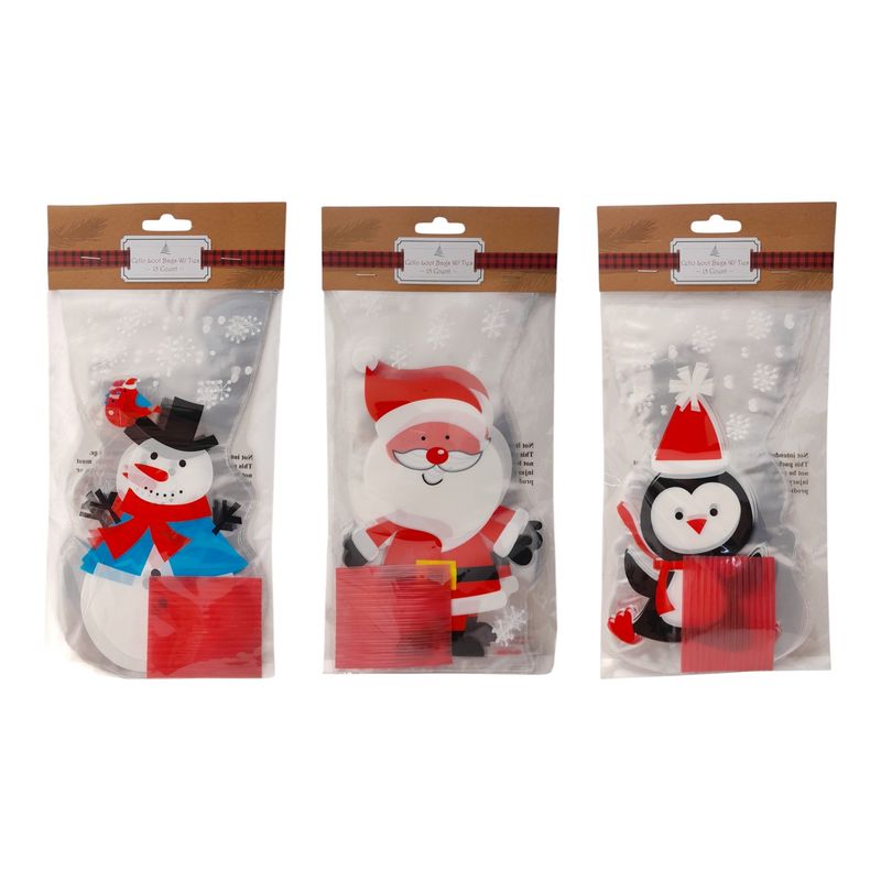 15pc 5&quot;x9&quot; Christmas Cellophane Loot Bags w/Red Ties Assorted