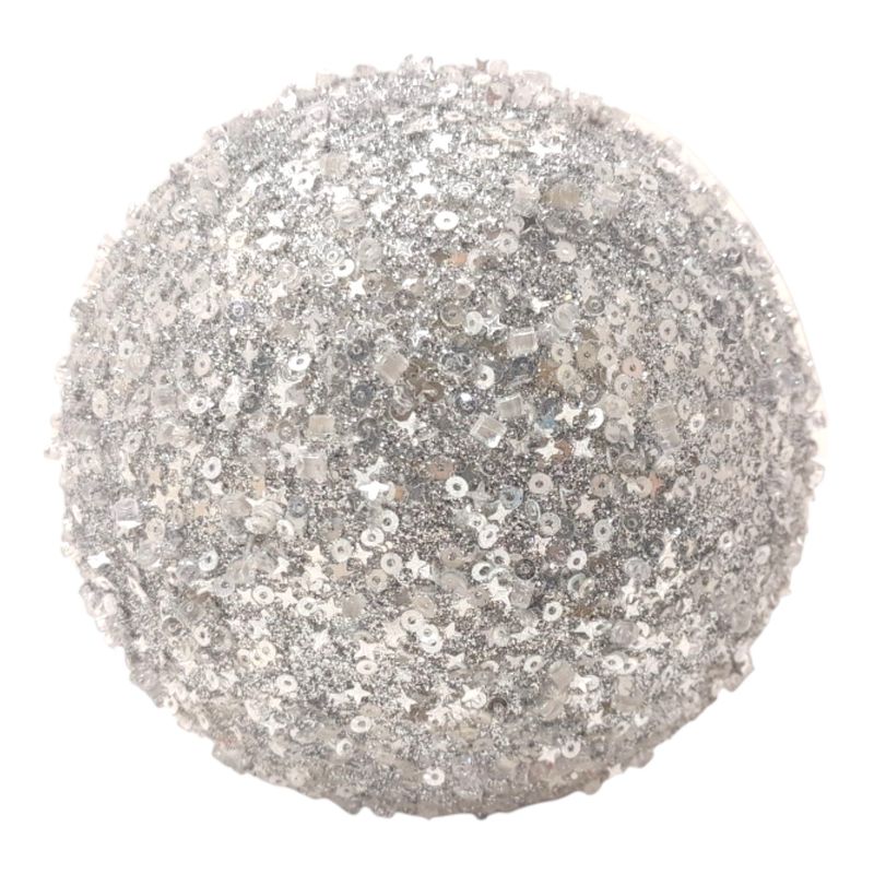 4.25&quot; Glitter/Bead Ball Ornament Silver (Styrofoam)
