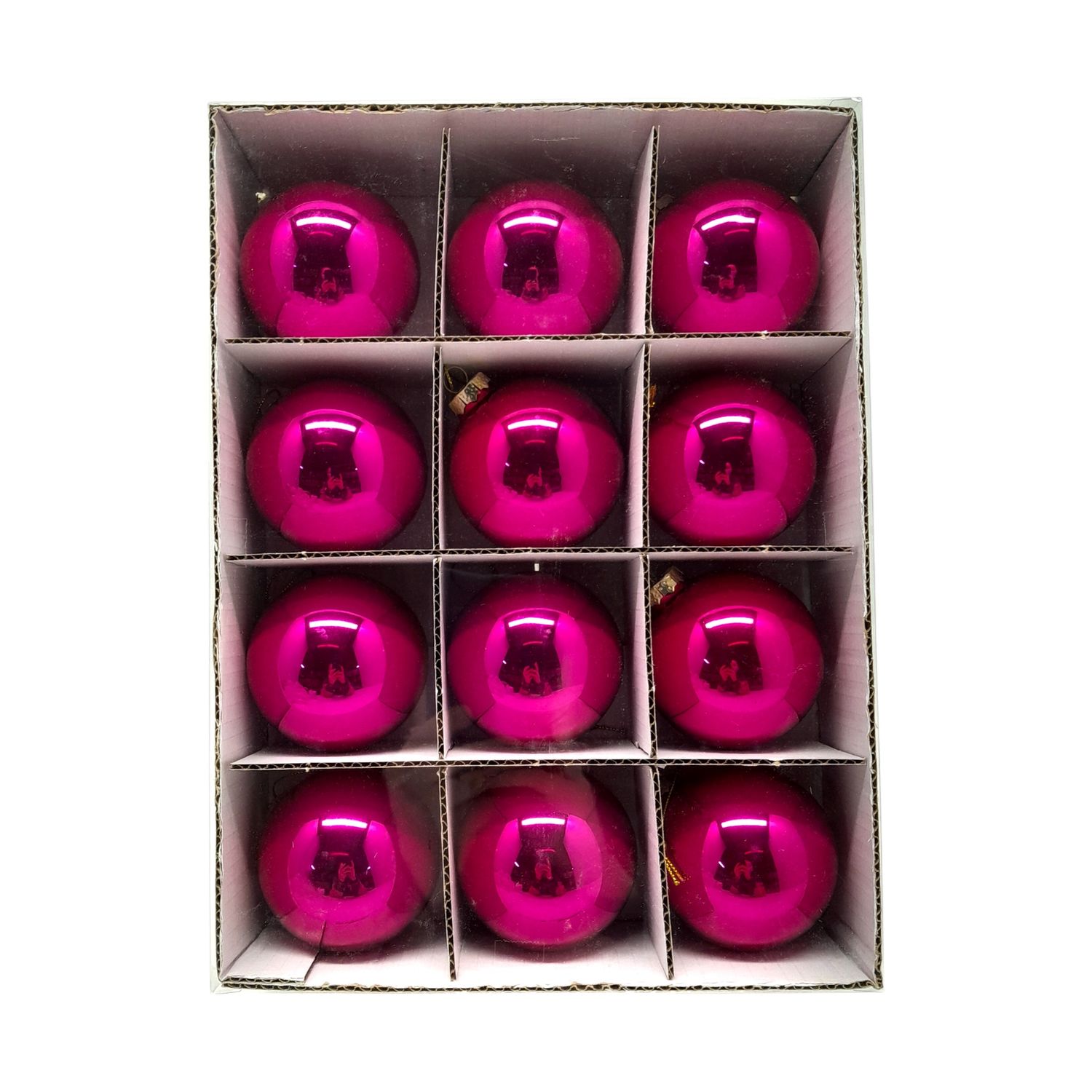 *12pc 70mm Glass Ball Ornaments Fuchsia w/Gold Caps